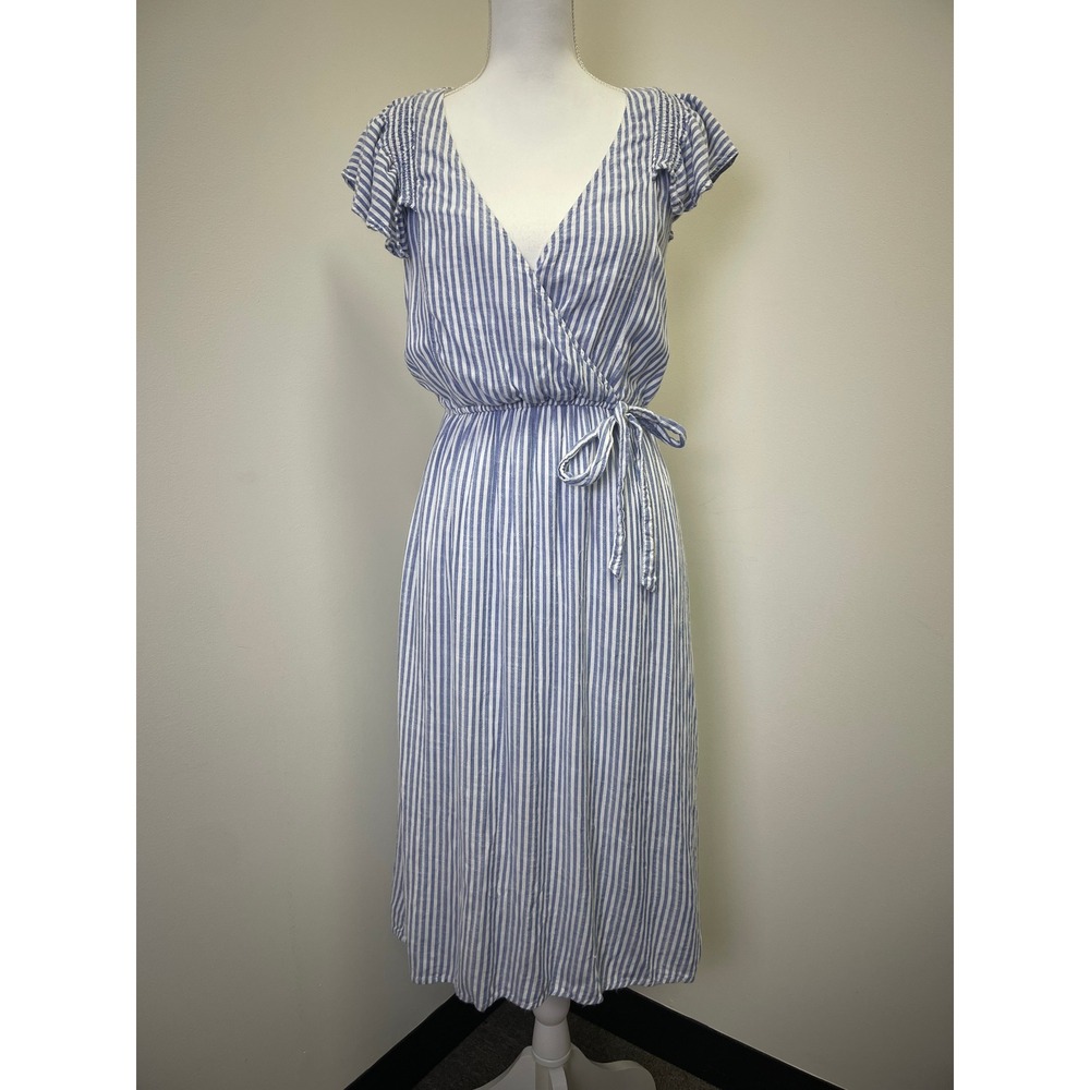 Spirit of Grace Blue White Striped Flutter Sleeve Wrap Midi Dress S Eurosummer